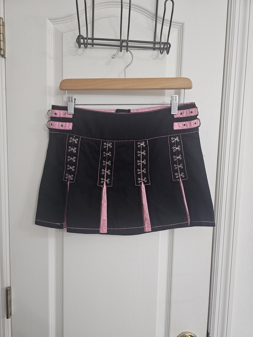 Tripp NYC Black Vintage Mini Skirt with Pink Trim & Hook Details S